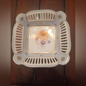 1950s German Floral Candy Dish Openwork Light Blue